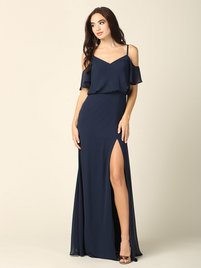 3333 Blouson Top With Cold Shoulder Evening Dress - Navy, Front View Medium