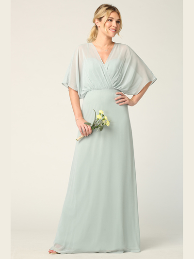 3338 Draped Sleeve Chiffon Evening Dress - Sage, Front View Medium