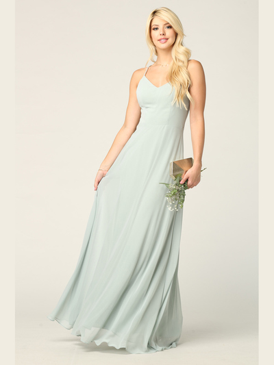 3341 Chiffon Evening Dress With Convertible Shoulder Straps - Sage, Back View Medium