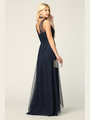 3344 Long Tulle Sleeveless Empire Waist Evening Dress - Navy, Back View Thumbnail