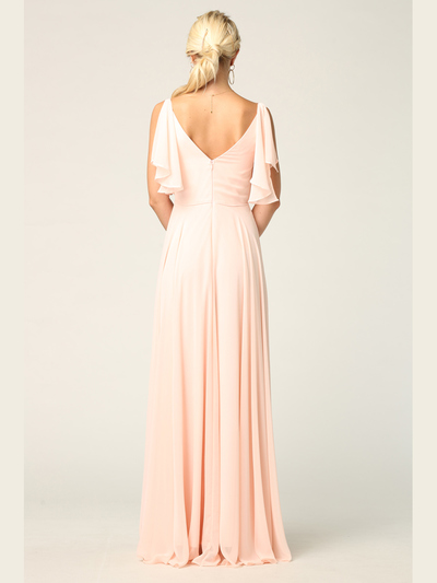 3345 V-Neck Long Chiffon Evening Dress With Flutter Sleeves - Blush, Back View Medium