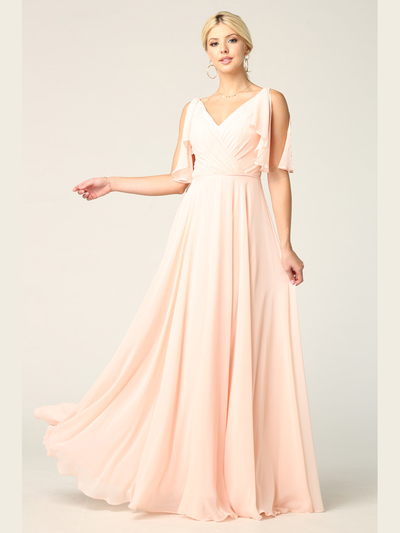 3345 V-Neck Long Chiffon Evening Dress With Flutter Sleeves - Blush, Front View Medium