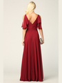 3345 V-Neck Long Chiffon Evening Dress With Flutter Sleeves - Burgundy, Back View Thumbnail