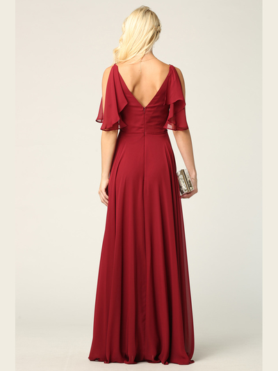 3345 V-Neck Long Chiffon Evening Dress With Flutter Sleeves - Burgundy, Back View Medium