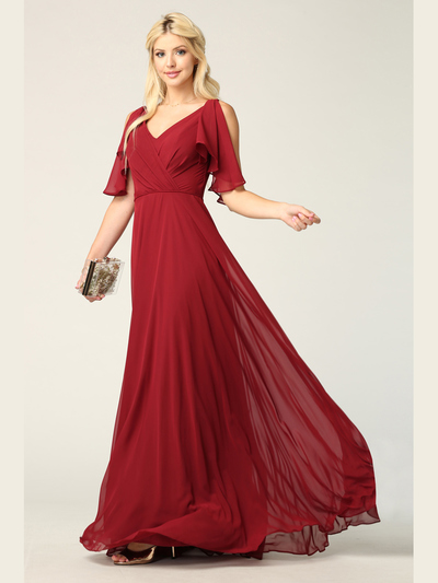 3345 V-Neck Long Chiffon Evening Dress With Flutter Sleeves - Burgundy, Front View Medium