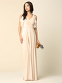 3345 V-Neck Long Chiffon Evening Dress With Flutter Sleeves - Champagne, Back View Thumbnail