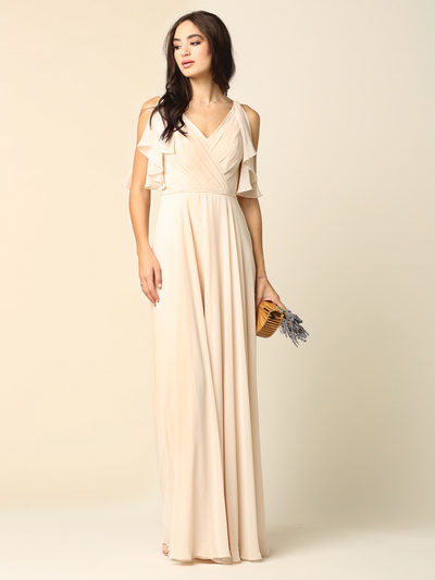 3345 V-Neck Long Chiffon Evening Dress With Flutter Sleeves - Champagne, Back View Medium