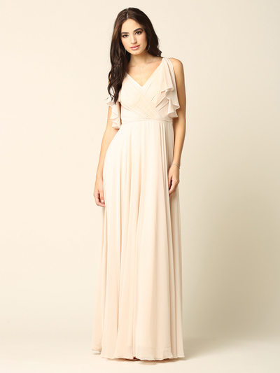 3345 V-Neck Long Chiffon Evening Dress With Flutter Sleeves - Champagne, Front View Medium