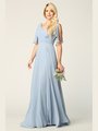 3345 V-Neck Long Chiffon Evening Dress With Flutter Sleeves - Dusty Blue, Front View Thumbnail
