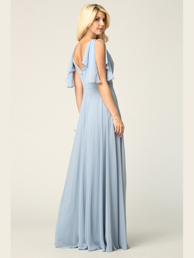 3345 V-Neck Long Chiffon Evening Dress With Flutter Sleeves - Dusty Blue, Back View Medium
