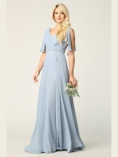 3345 V-Neck Long Chiffon Evening Dress With Flutter Sleeves - Dusty Blue, Front View Medium