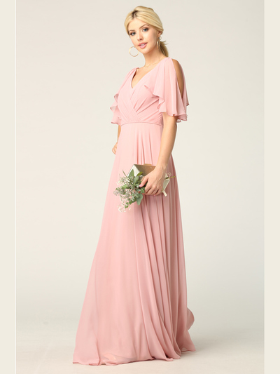3345 V-Neck Long Chiffon Evening Dress With Flutter Sleeves - Dusty Rose, Front View Medium