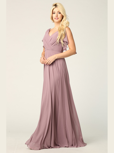 3345 V-Neck Long Chiffon Evening Dress With Flutter Sleeves - Mauve, Front View Medium