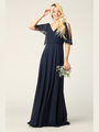 3345 V-Neck Long Chiffon Evening Dress With Flutter Sleeves - Navy, Front View Thumbnail