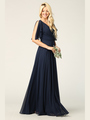 3345 V-Neck Long Chiffon Evening Dress With Flutter Sleeves - Navy, Back View Thumbnail