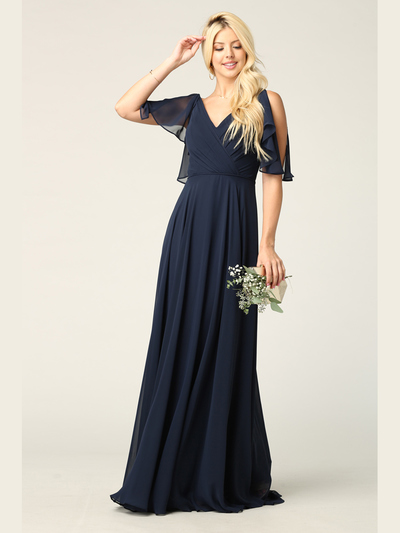3345 V-Neck Long Chiffon Evening Dress With Flutter Sleeves - Navy, Front View Medium