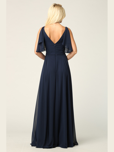 3345 V-Neck Long Chiffon Evening Dress With Flutter Sleeves - Navy, Alt View Medium