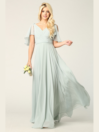 3345 V-Neck Long Chiffon Evening Dress With Flutter Sleeves - Sage, Back View Medium