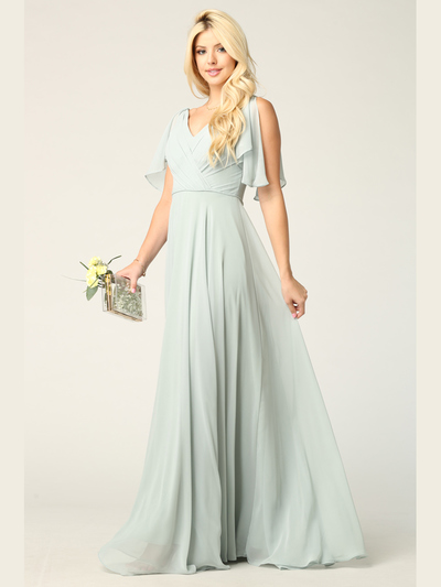 3345 V-Neck Long Chiffon Evening Dress With Flutter Sleeves - Sage, Front View Medium