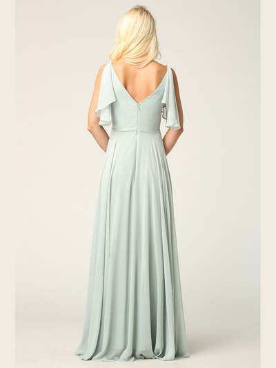 3345 V-Neck Long Chiffon Evening Dress With Flutter Sleeves - Sage, Alt View Medium