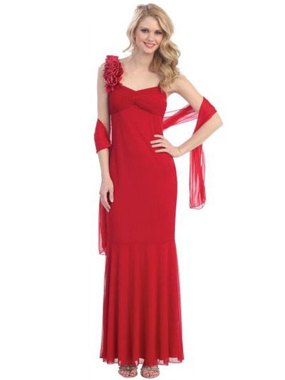 3740 One Shoulder Rosette Evening Dress - Red, Front View Medium