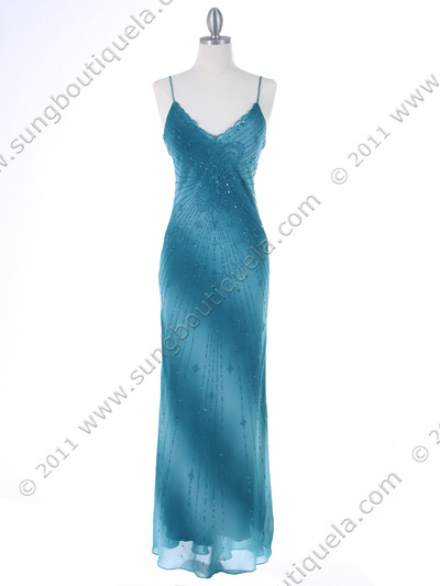 3959 Teal Tie Dye Evening Dress - Teal Blue, Front View Medium