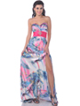 4048 Strapless Print Evening Dress with Rhinestone Pin - Print, Front View Thumbnail