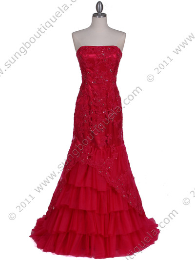 4864 Hot Pink Lace Glitter Evening Gown - Hot Pink, Front View Medium