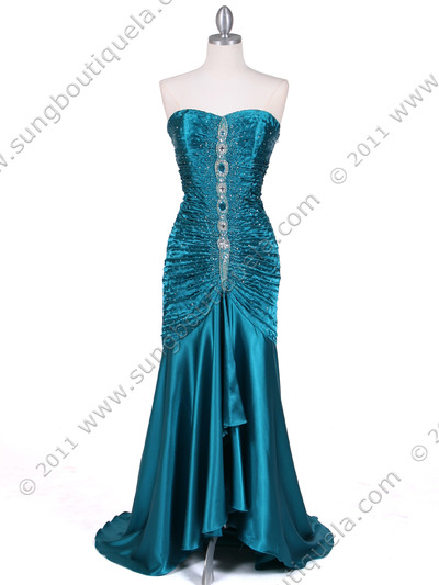 4918 Turquoise Charmuse Evening Gown - Turquoise, Front View Medium