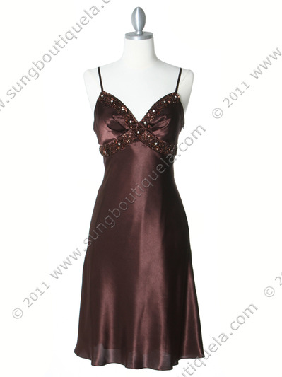 4948 Brown Sequins Charmeuse Party Dress - Brown, Front View Medium