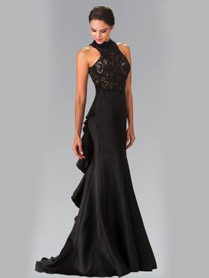 50-2227 High Neck Embroidered Long Prom Dress, Black