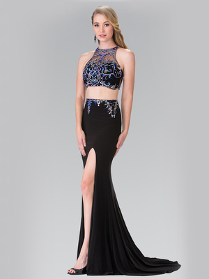 50-2277 Two-Piece Beaded Long Prom Dress with Slit, Black