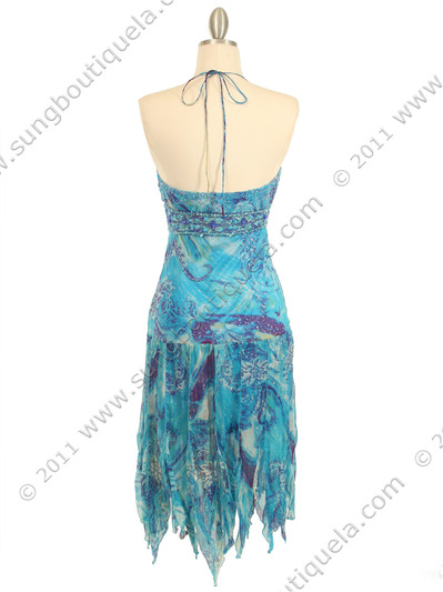 5563 Turquoise Halter Beaded Silk Dress - Turquoise, Back View Medium