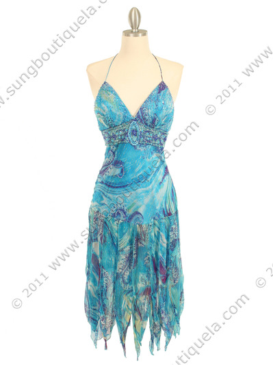 5563 Turquoise Halter Beaded Silk Dress - Turquoise, Front View Medium