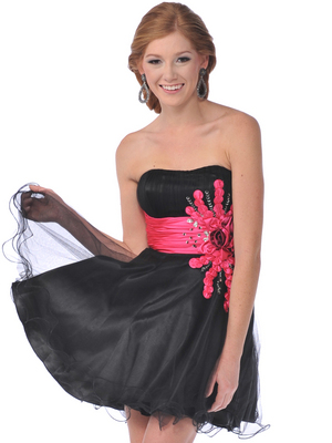 5859 Sweetheart Net Overlay Short Prom Dress, Black Fuschia