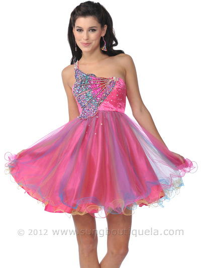 5871 Hot Pink One Shoulder Butterfly Sequin Short Prom Dress - Hot Pink, Front View Medium