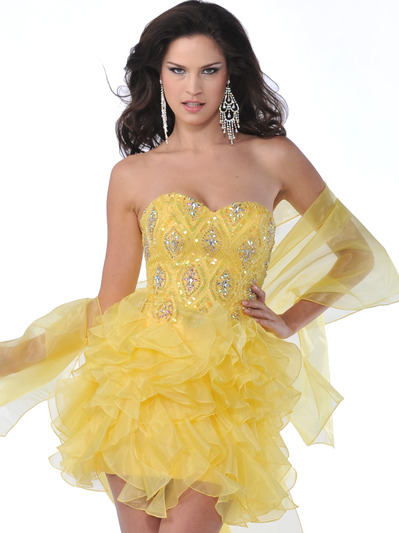 5876 Strapless Beaded Organza Ruffle Short Prom Dress - Yellow, Front View Medium