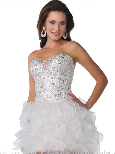 5878 Sequin Corset Top Prom Dress with Ruffle Hem - White, Alt View Medium