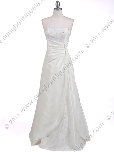 60638 Ivory Taffeta Beaded Evening Gown - Ivory, Front View Medium