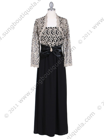 6250 Black/Gold Evening Dress with Lace Bolero Jacket - Black Gold, Front View Medium