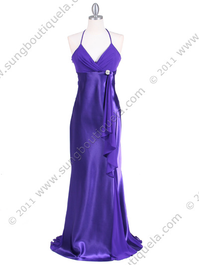 6255 Purple Evening Dress with Rhinestone Buckle - Purple, Front View Medium