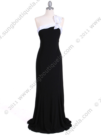 6263 Black White One Shoulder Evening Dress - Black White, Front View Medium