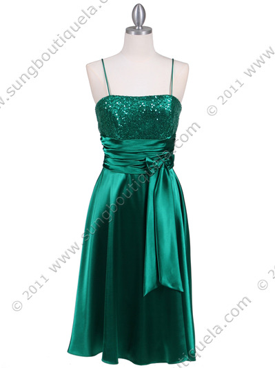 6269 Green Giltter Tea Length Dress - Green, Front View Medium