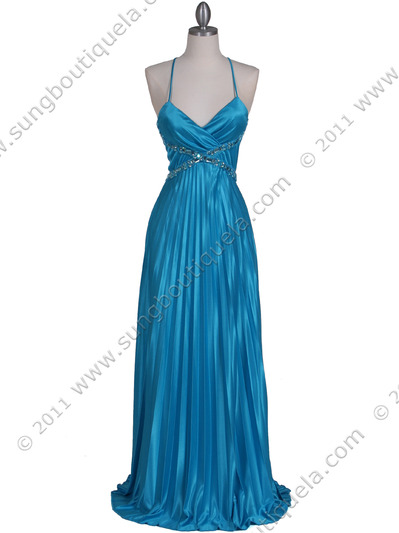 6292 Turquoise Pleated Evening Gown - Turquoise, Front View Medium