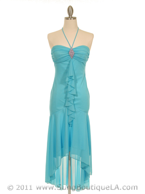 7020 Turquoise Halter Cocktail Dress with Rhinestone Brooch, Turquoise