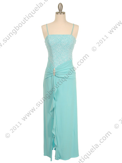 7033 Aqua Glitter Evening Dress - Aqua, Front View Medium