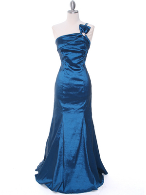 7063 Teal One Shoulder Taffeta Evening Dress with Bow, Teal