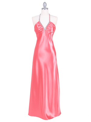 7072 Coral Satin Evening Dress with Rhinestone Strap, Coral