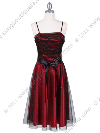 7109 Black/Red Glitter Tea Length Dress - Black Red, Front View Medium