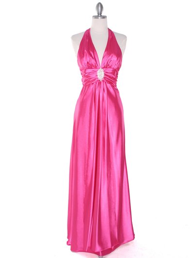 7122 Hot Pink Satin Halter Prom Dress - Hot Pink, Front View Medium